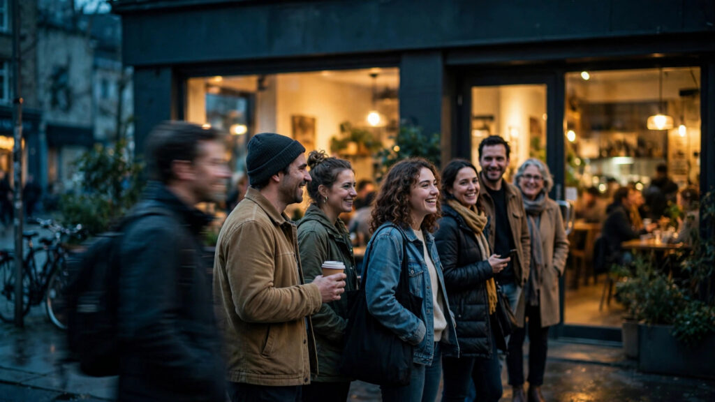 Business growth — customers lined up outside a busy cafe at dusk