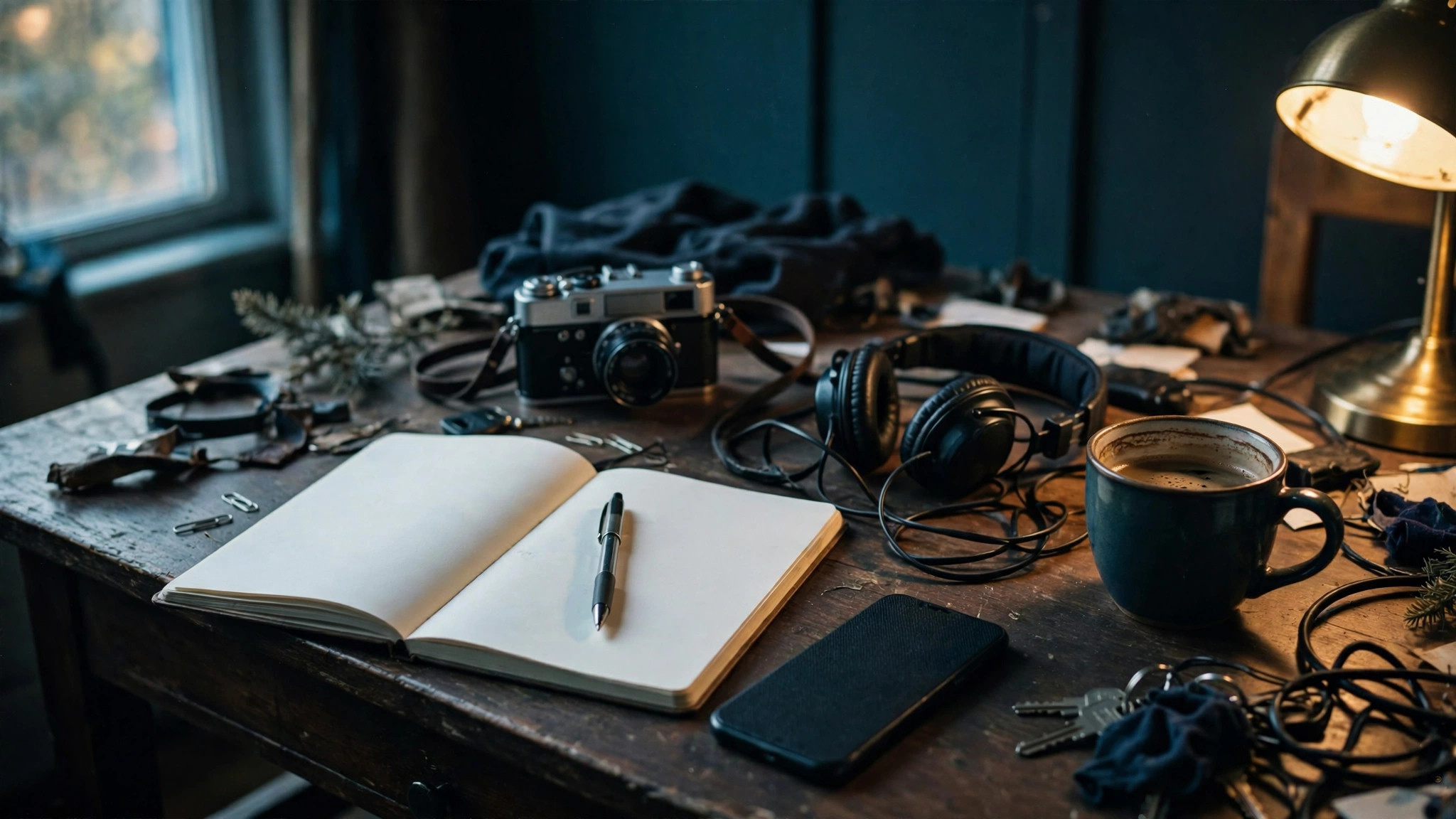 Social media and content management — working desk with notebook, camera and coffee