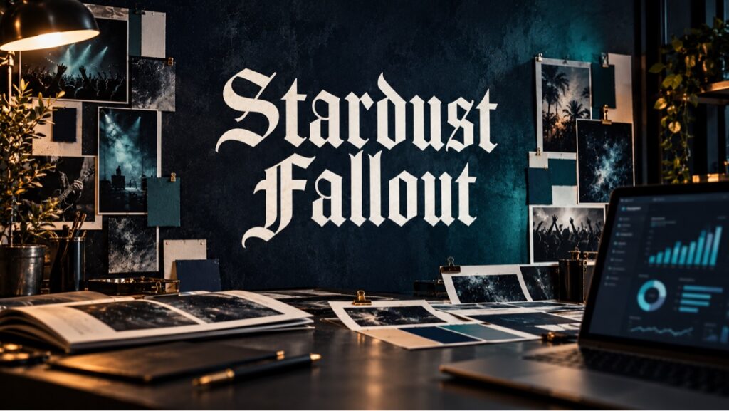 Stardust Fallout marketing strategy desk with campaign mood board and analytics